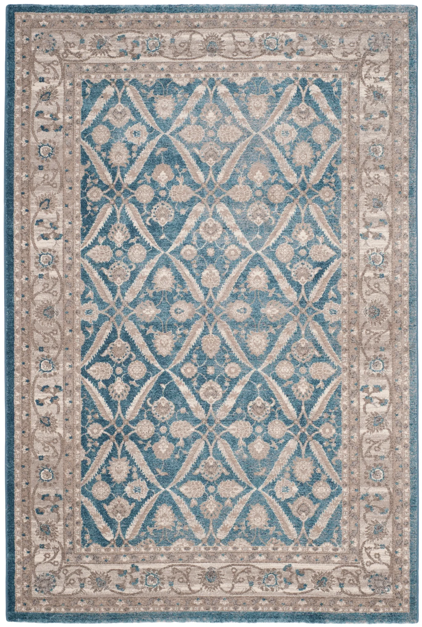 Sofia Floral Diamond Lattice Rug in Blue / Beige