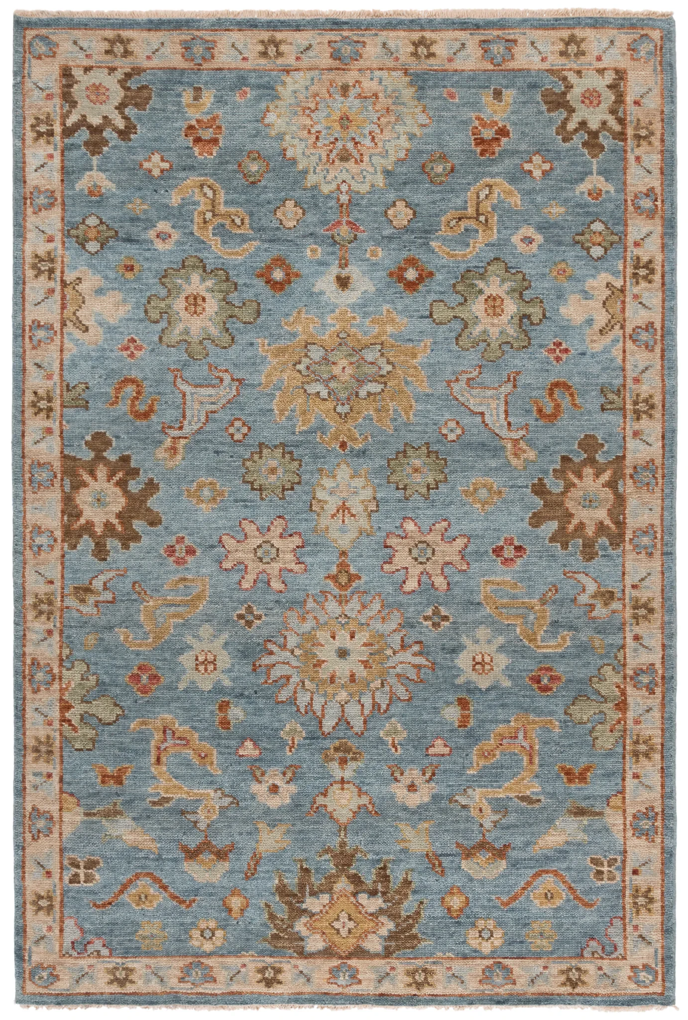Samarkand Palmette Floral Bordered Hand-Knotted Wool Rug in Blue