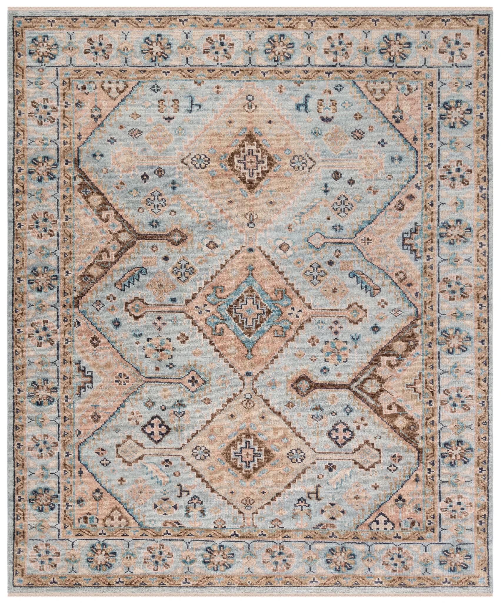 Samarkand Tribal Medallion Bordered Hand-Knotted Wool Rug in Light Blue / Beige