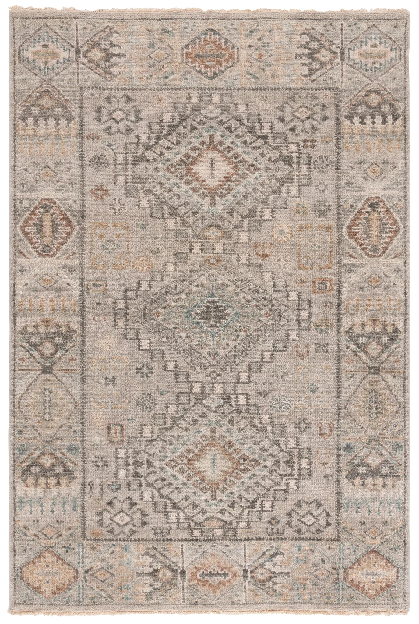 Samarkand Faded Tribal Medallion Hand-Knotted Wool Rug in Gray / Ivory