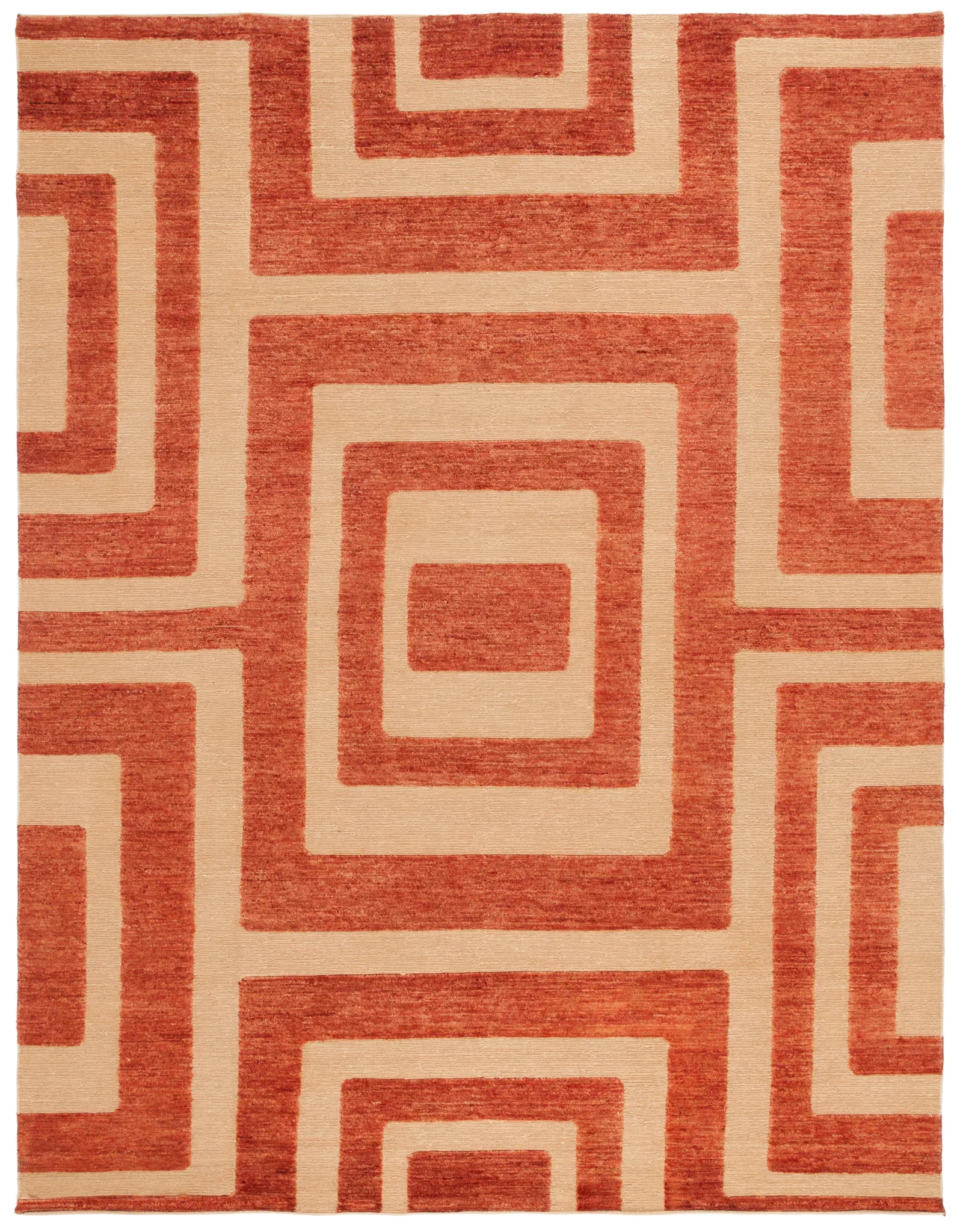 Santa Fe Interlocking Square Hand-Knotted Wool Rug in Light Gold