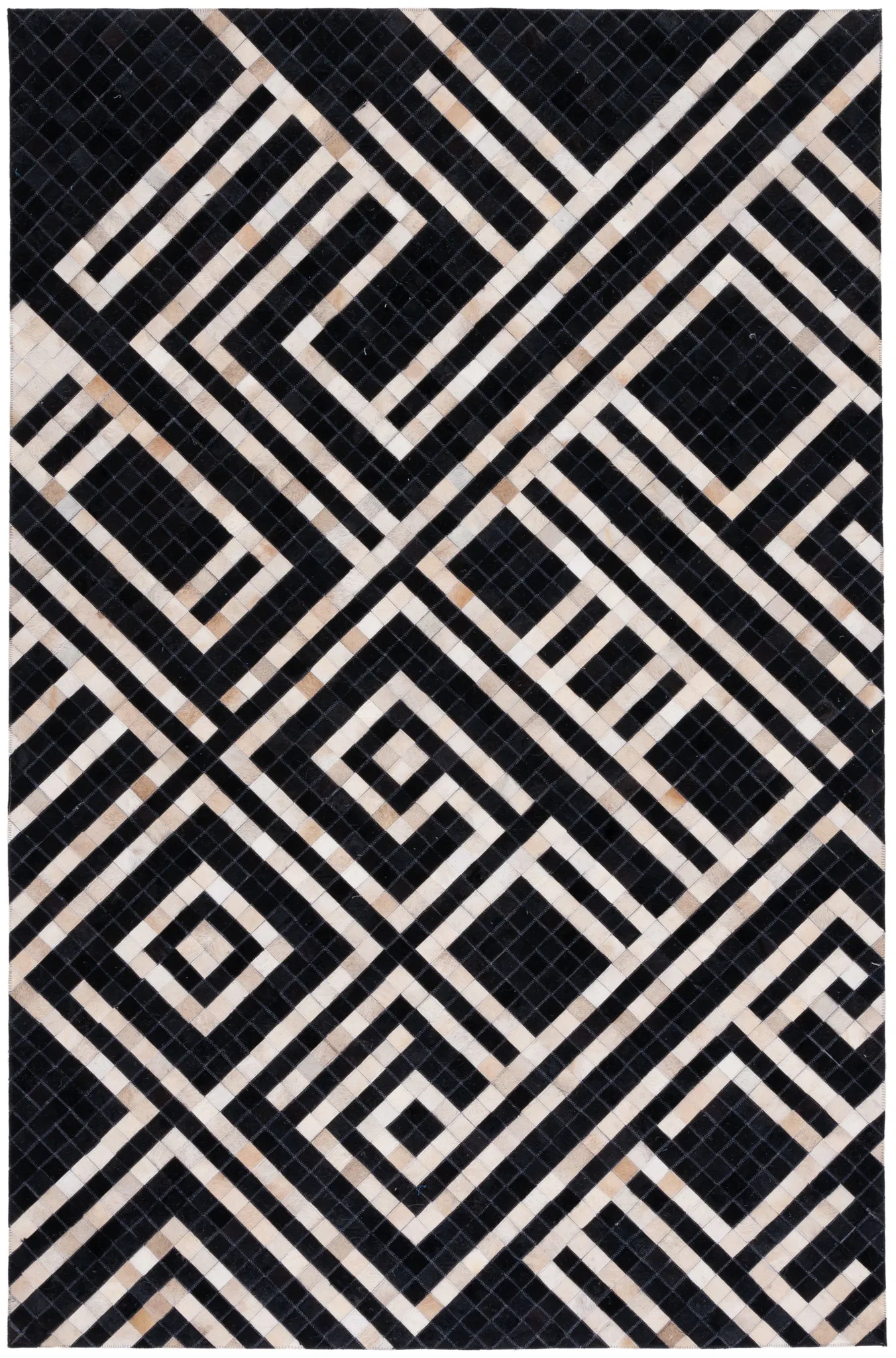 Studio Leather Labyrinth Flatweave Rug in Black / Ivory