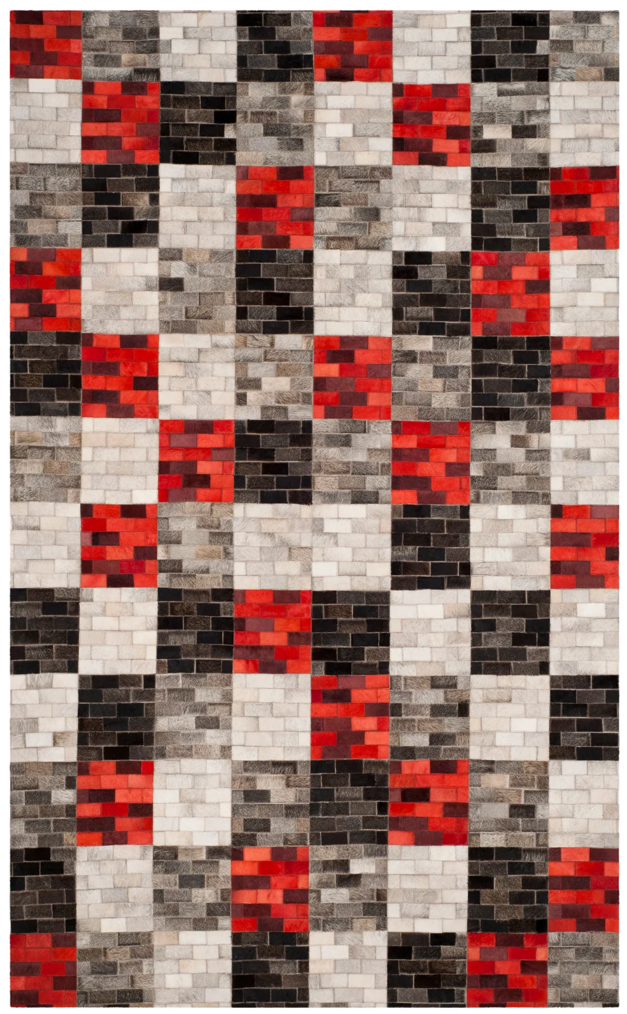 Studio Leather Checkerboard Patchwork Hand-Woven Rug in Gray / Red
