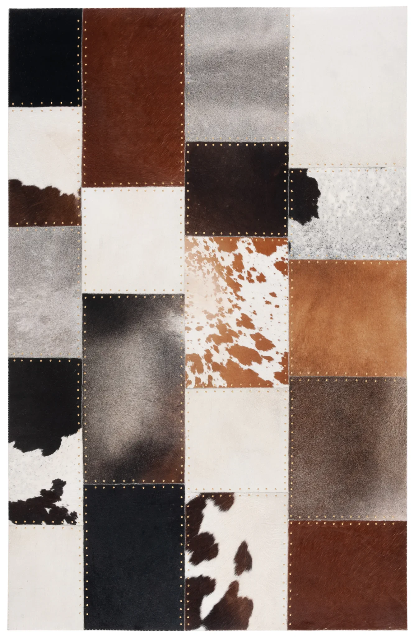 Studio Leather Rustic Block Patchwork Hand-Woven Rug in Brown / Ivory