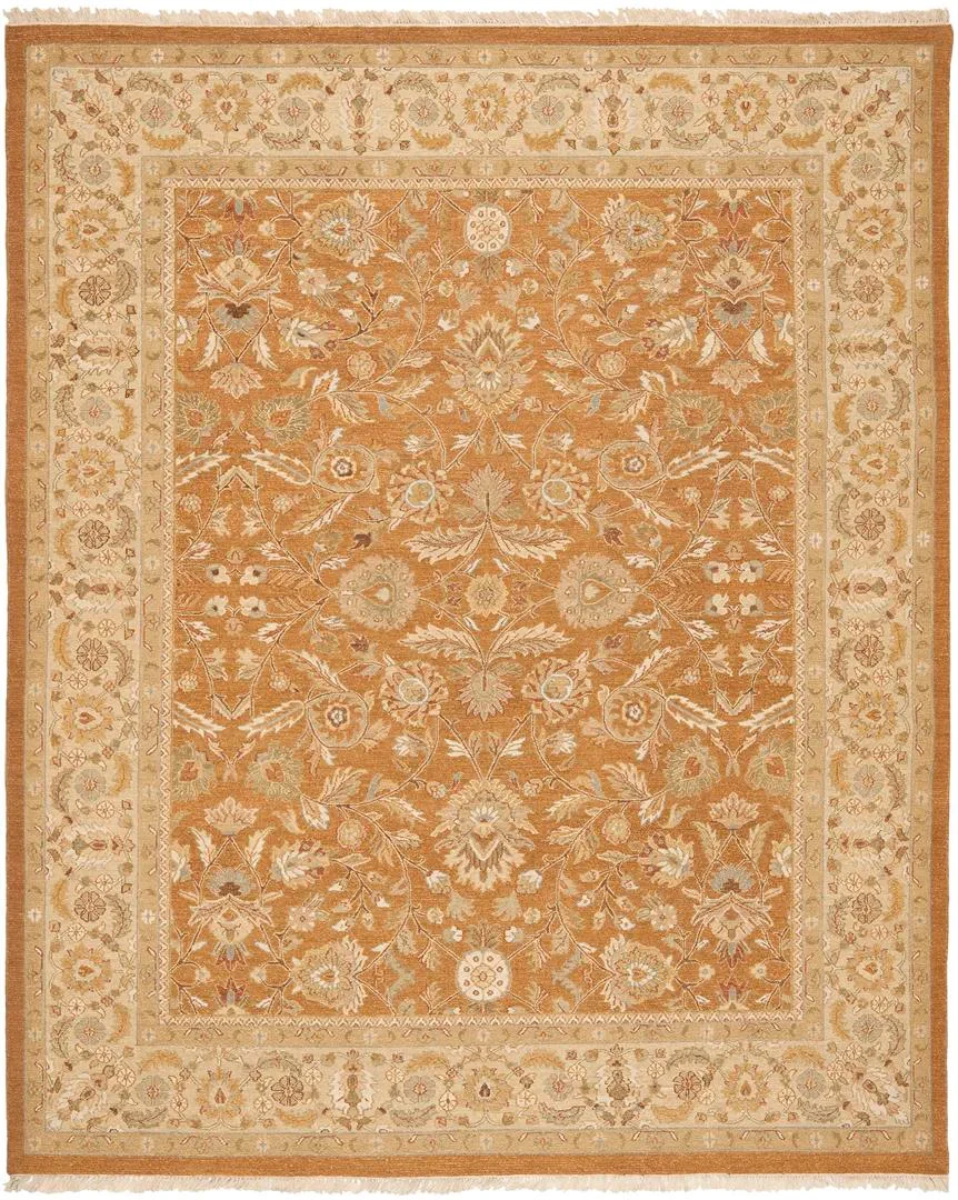 Sumak Botanical Scroll Bordered Wool Rug in Copper / Beige