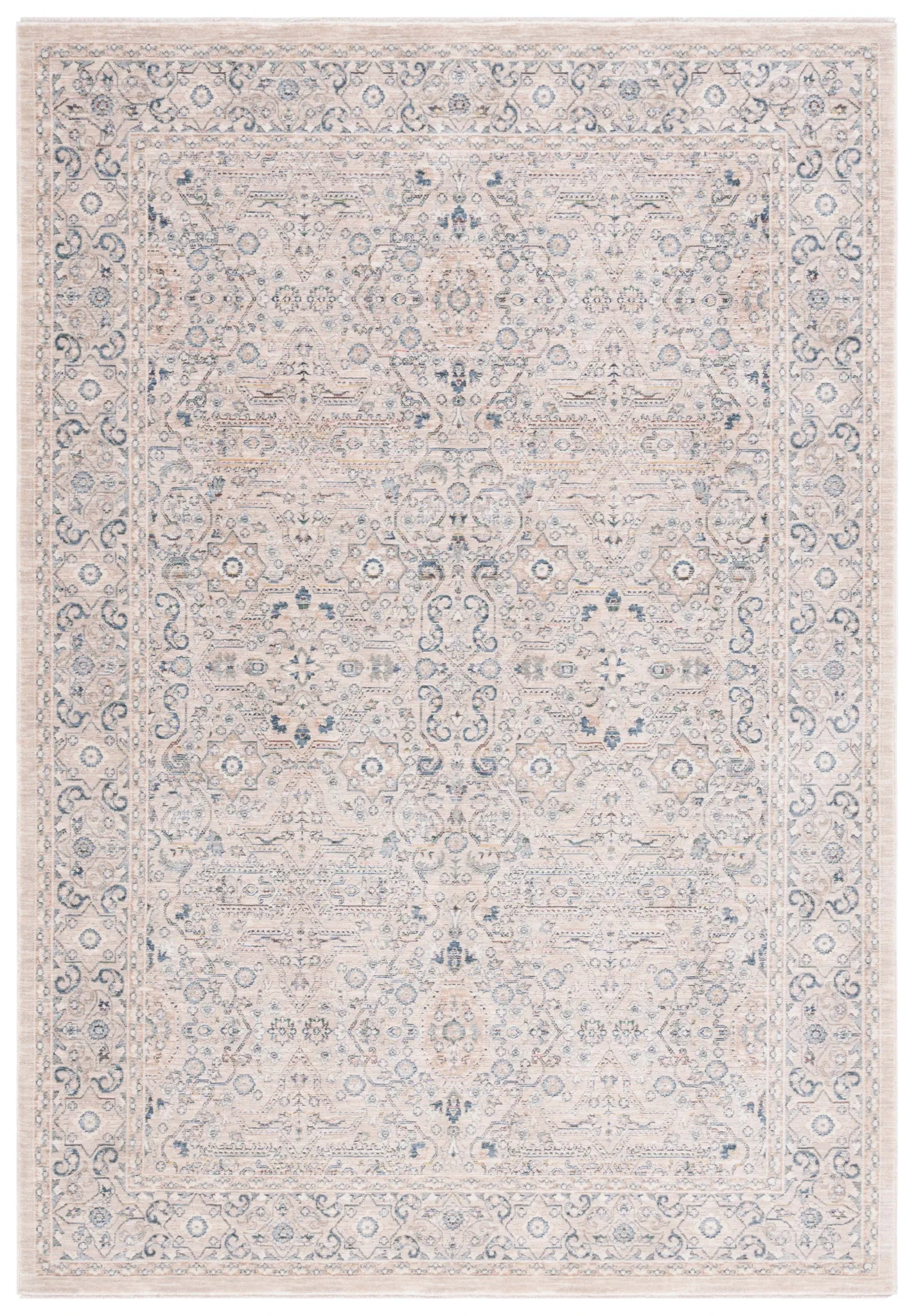 Sutton Floral Bordered Rug in Beige / Navy