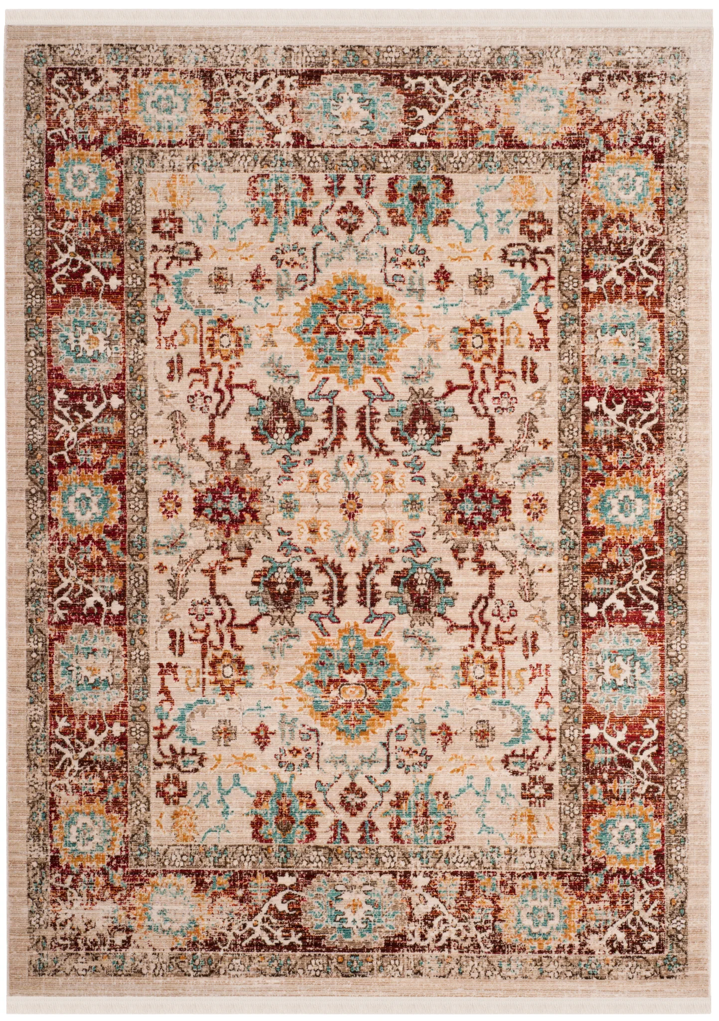 Sutton Distressed Medallion Bordered Rug in Ivory / Brick Red