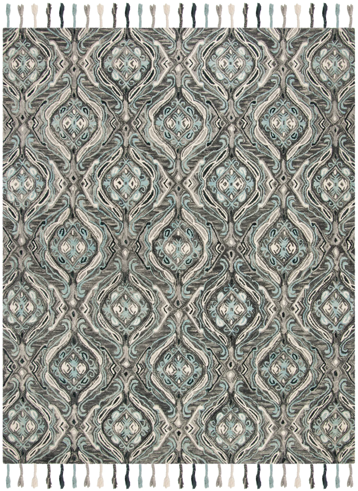 Suzani Ogee Hand-Hooked Wool Rug in Gray / Light Blue