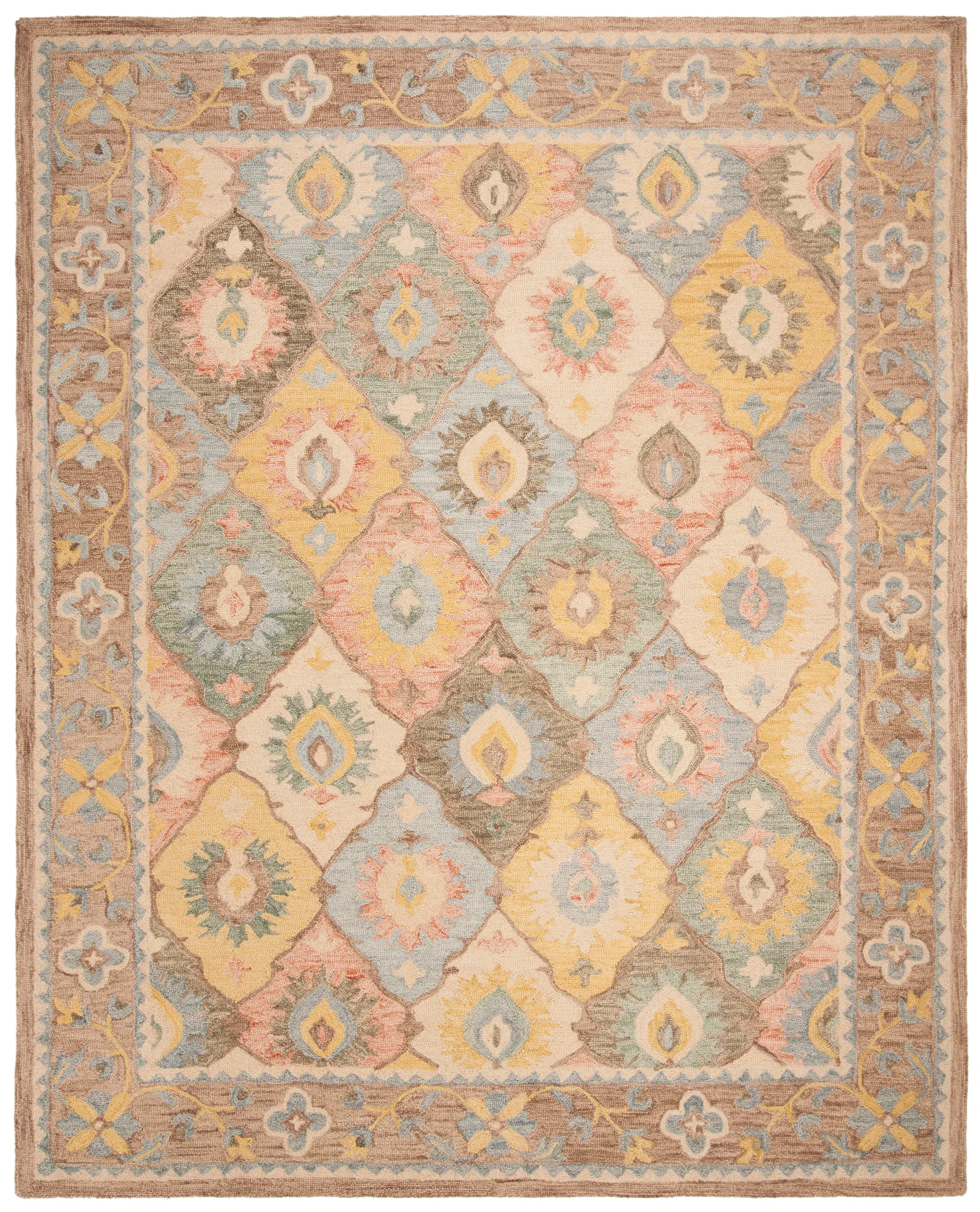 Suzani Bordered Ikat Diamond Hand-Hooked Wool Rug in Ivory / Multicolor