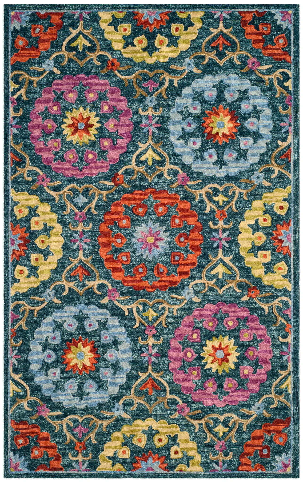 Suzani Rosette Trellis Hand-Hooked Wool Rug in Blue / Multicolor