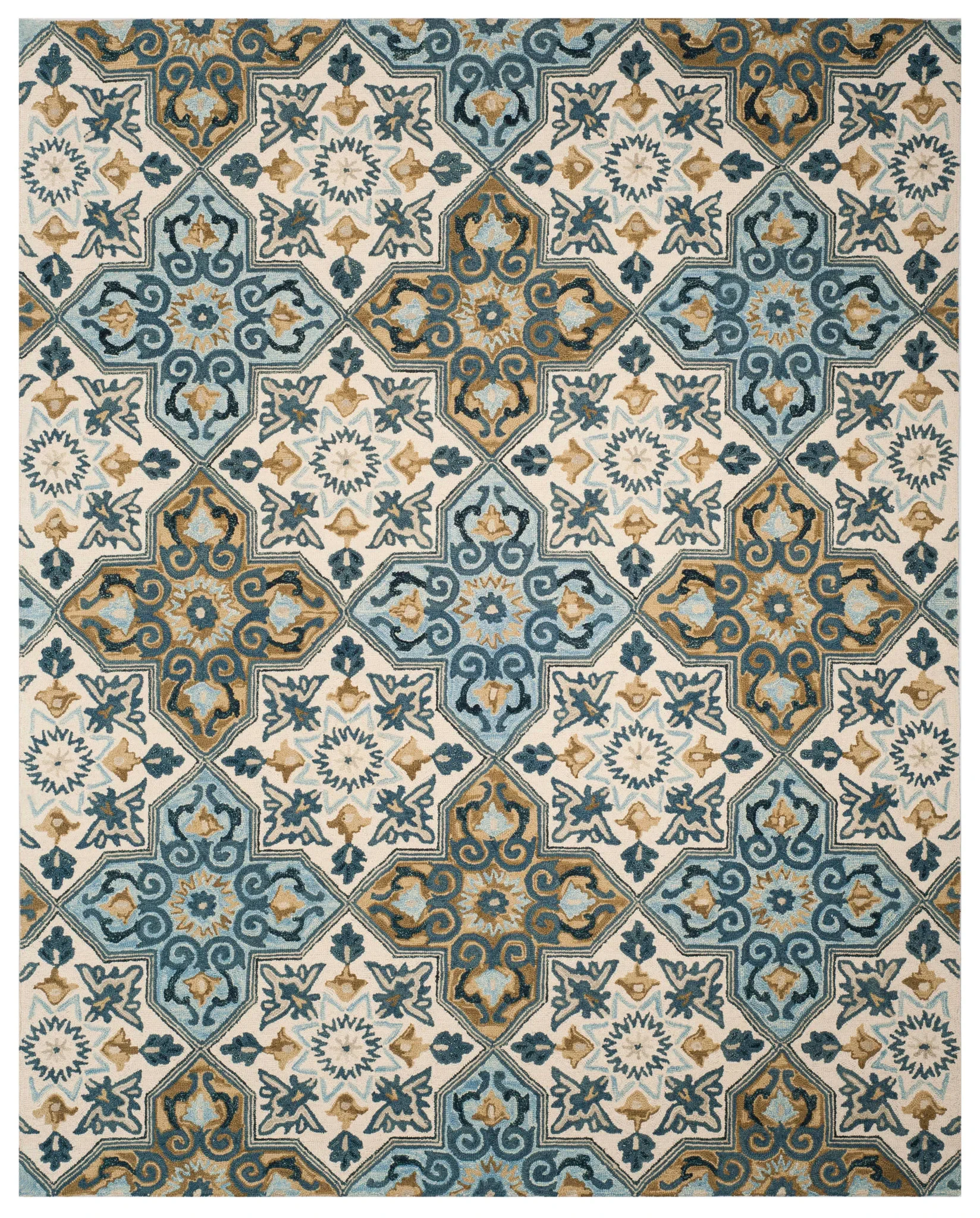 Suzani Floral Tile Hand-Hooked Wool Rug in Ivory / Blue