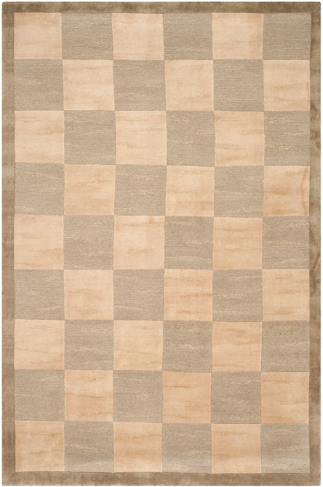 Tibetan Checkerboard Hand-Knotted Wool Rug in Green / Beige