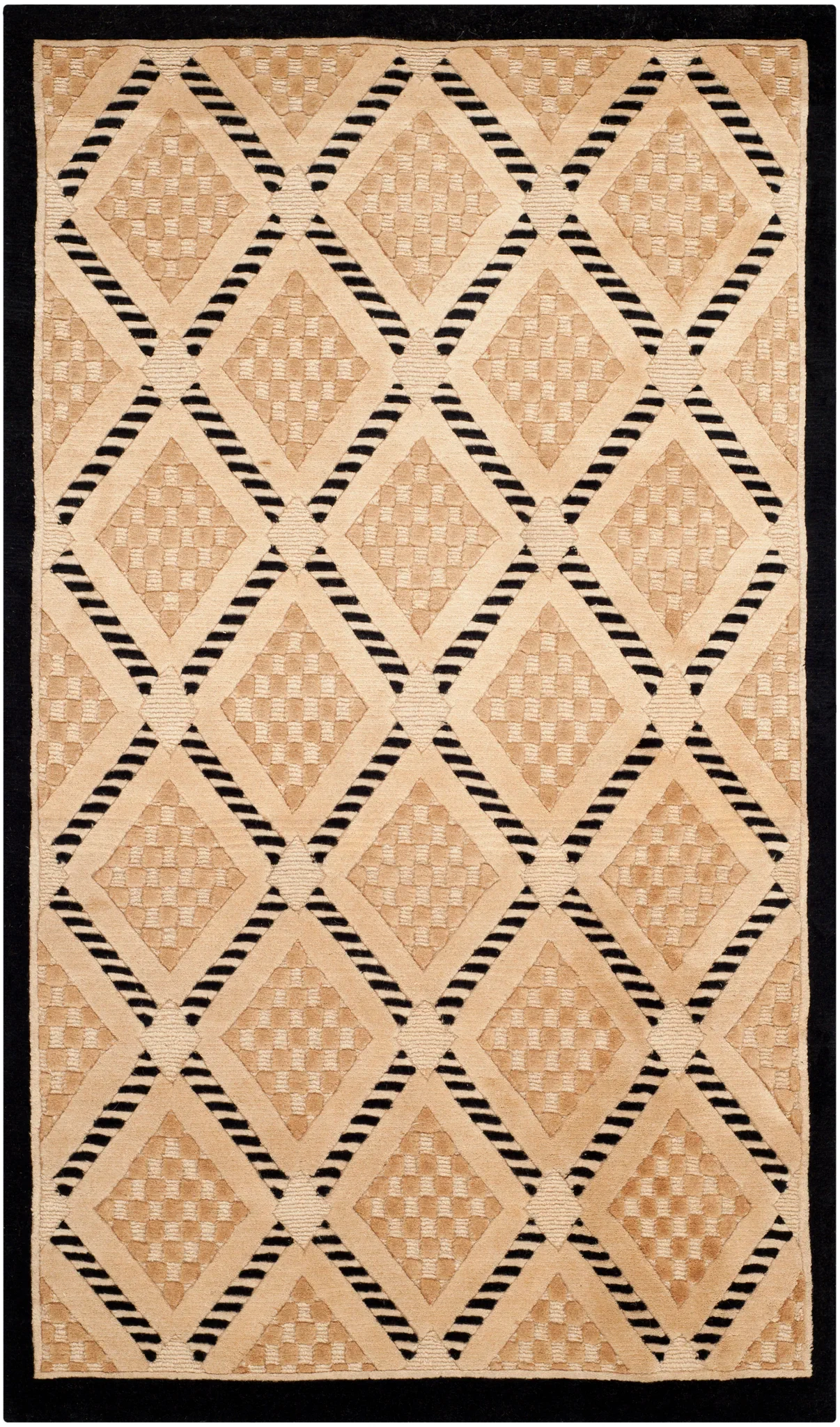 Tibetan Textured Diamond Hand-Knotted Wool Rug in Black / Gold