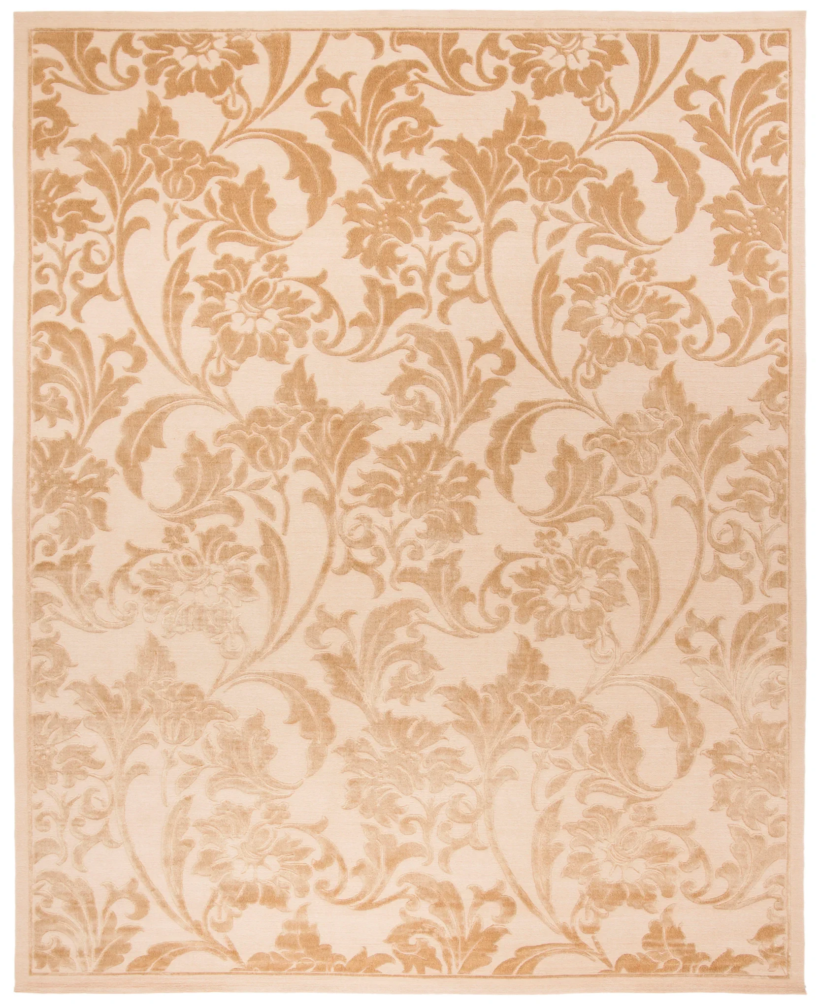 Tibetan Carved Floral Hand-Knotted Wool Rug in Cream