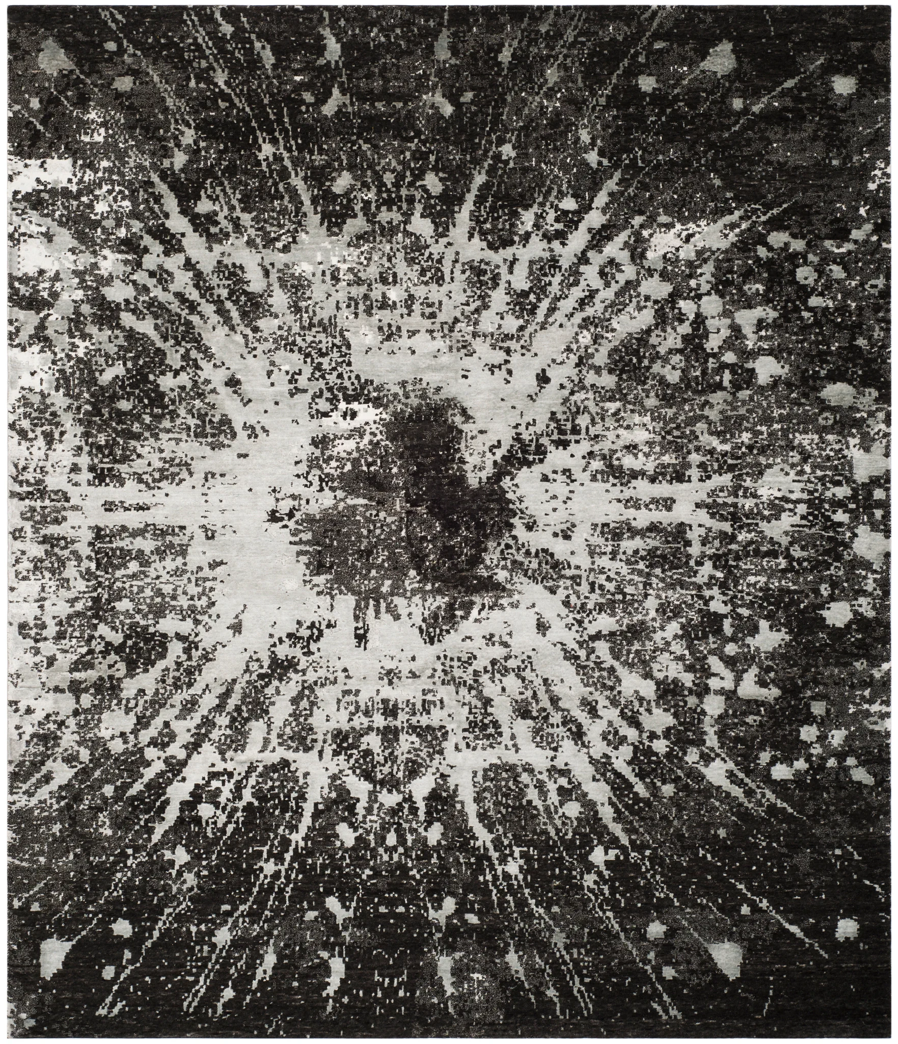 Tibetan Starburst Hand-Knotted Rug in Silver / Black