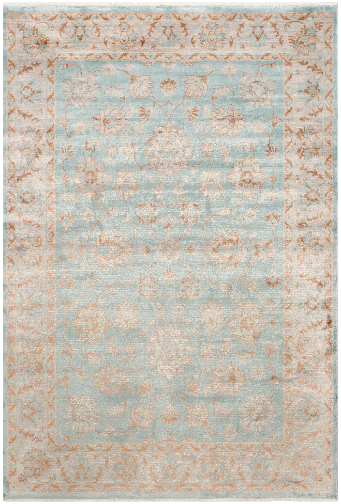 Tibetan Floral Bordered Hand-Loomed Viscose Rug in Light Blue / Ivory