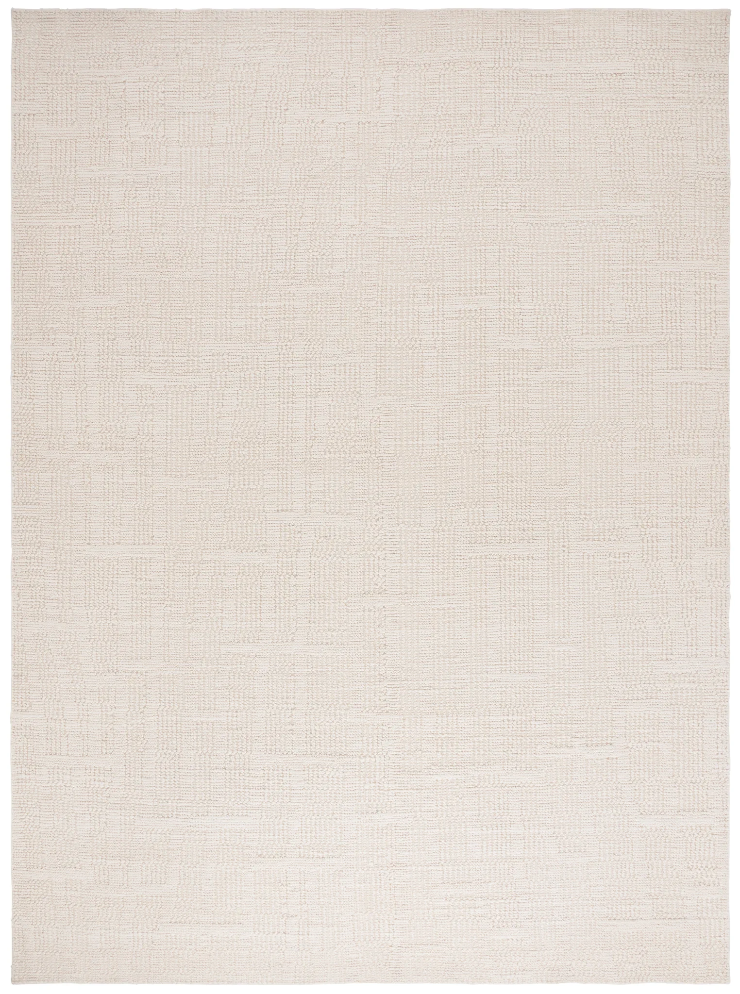 Tibetan Textured Grid Hand-Knotted Wool Rug in Ivory