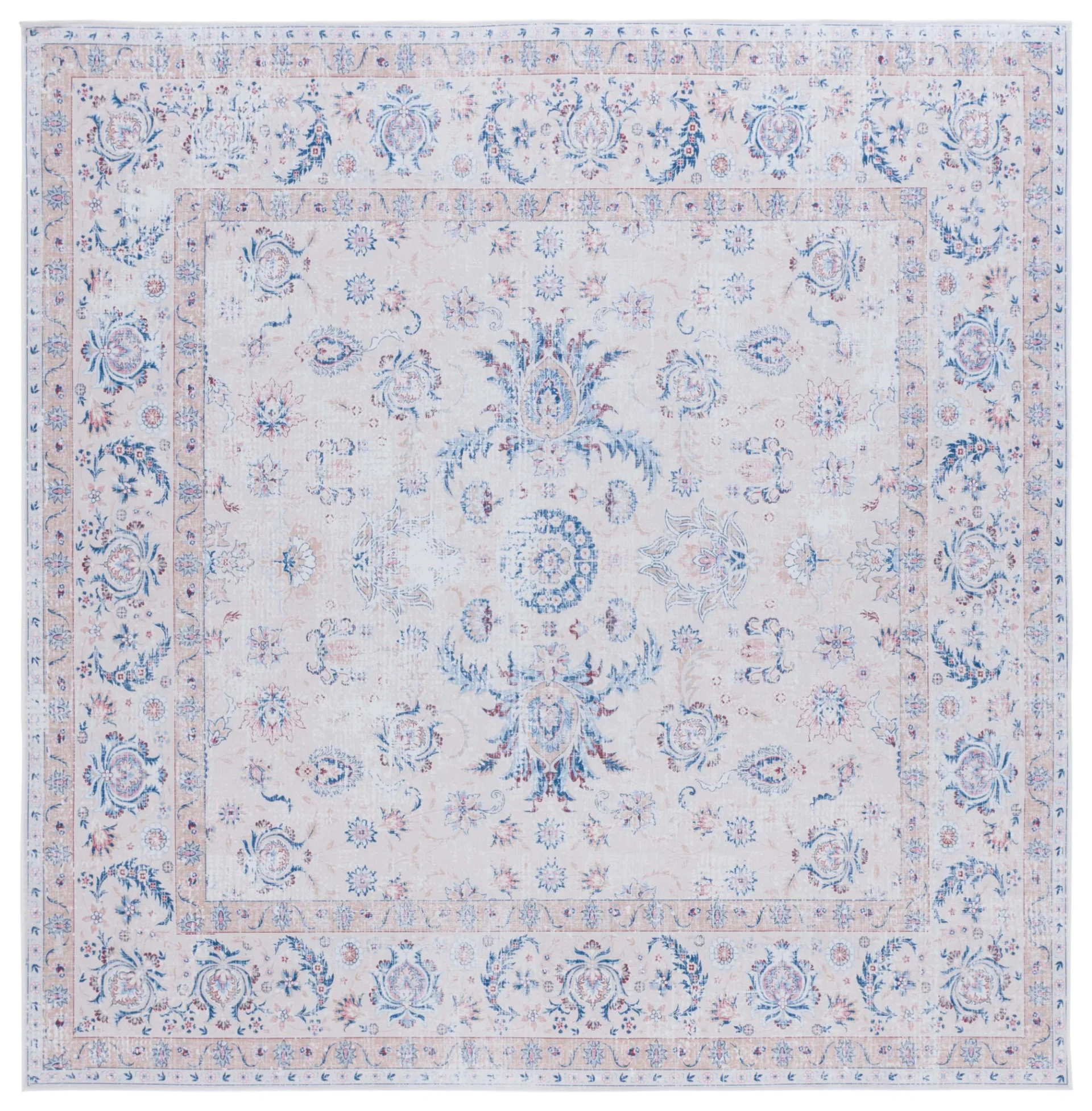 Tucson Distressed Floral Border Washable Rug in Ivory / Blue