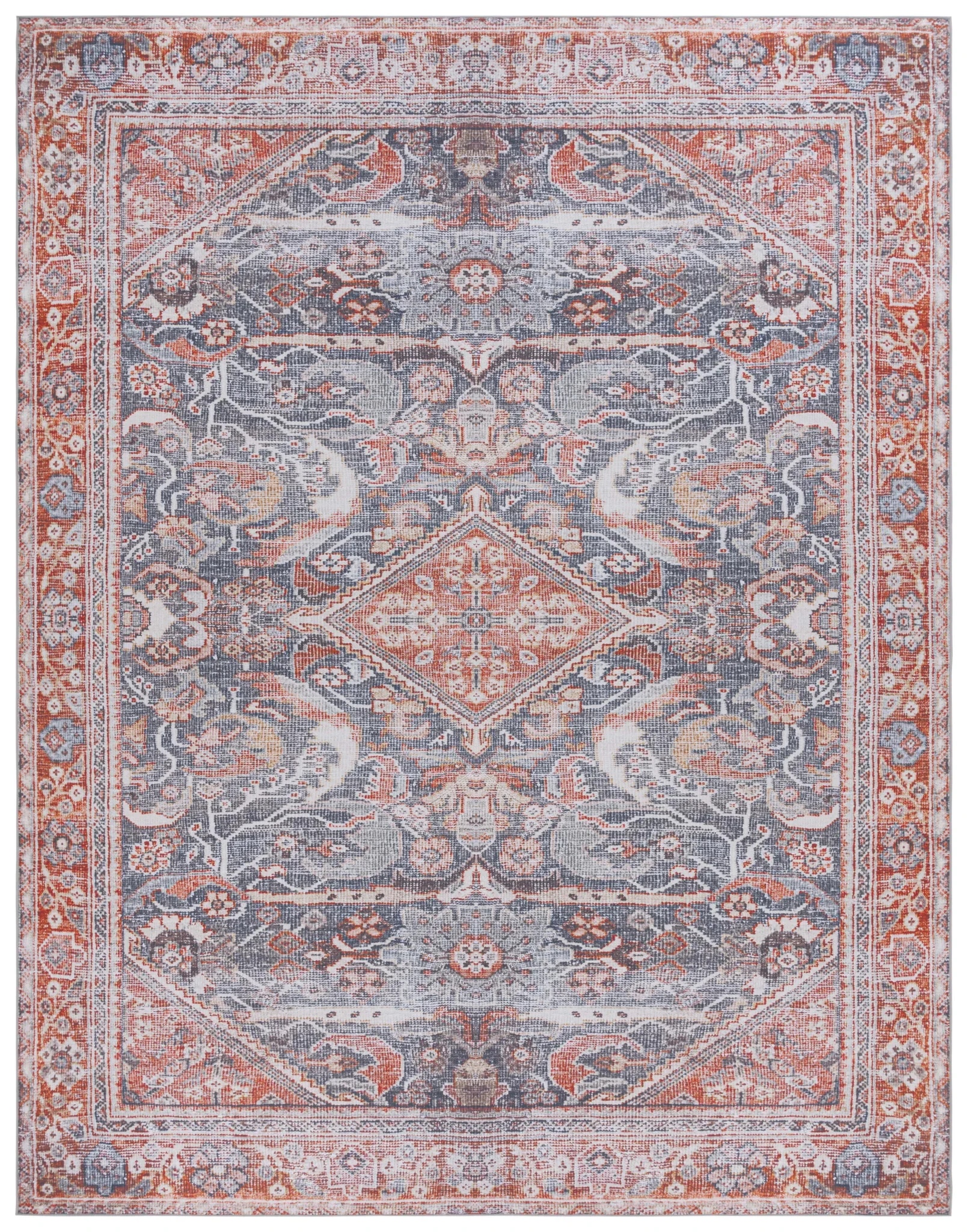 Tucson Tribal Hexagon Diamond Washable Rug in Gray / Rust