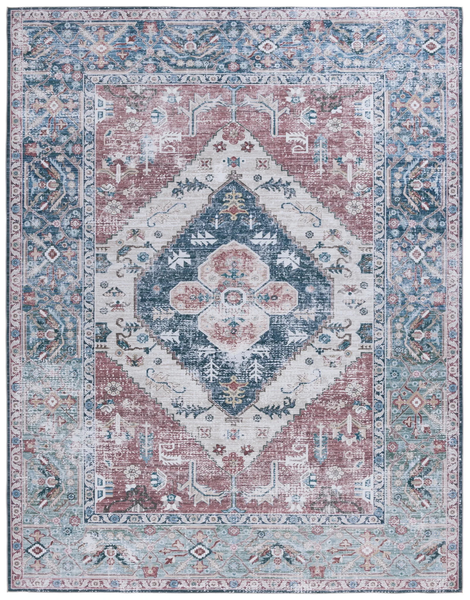 Tucson Nested Stepped Diamond Medallion Washable Rug in Rust / Navy