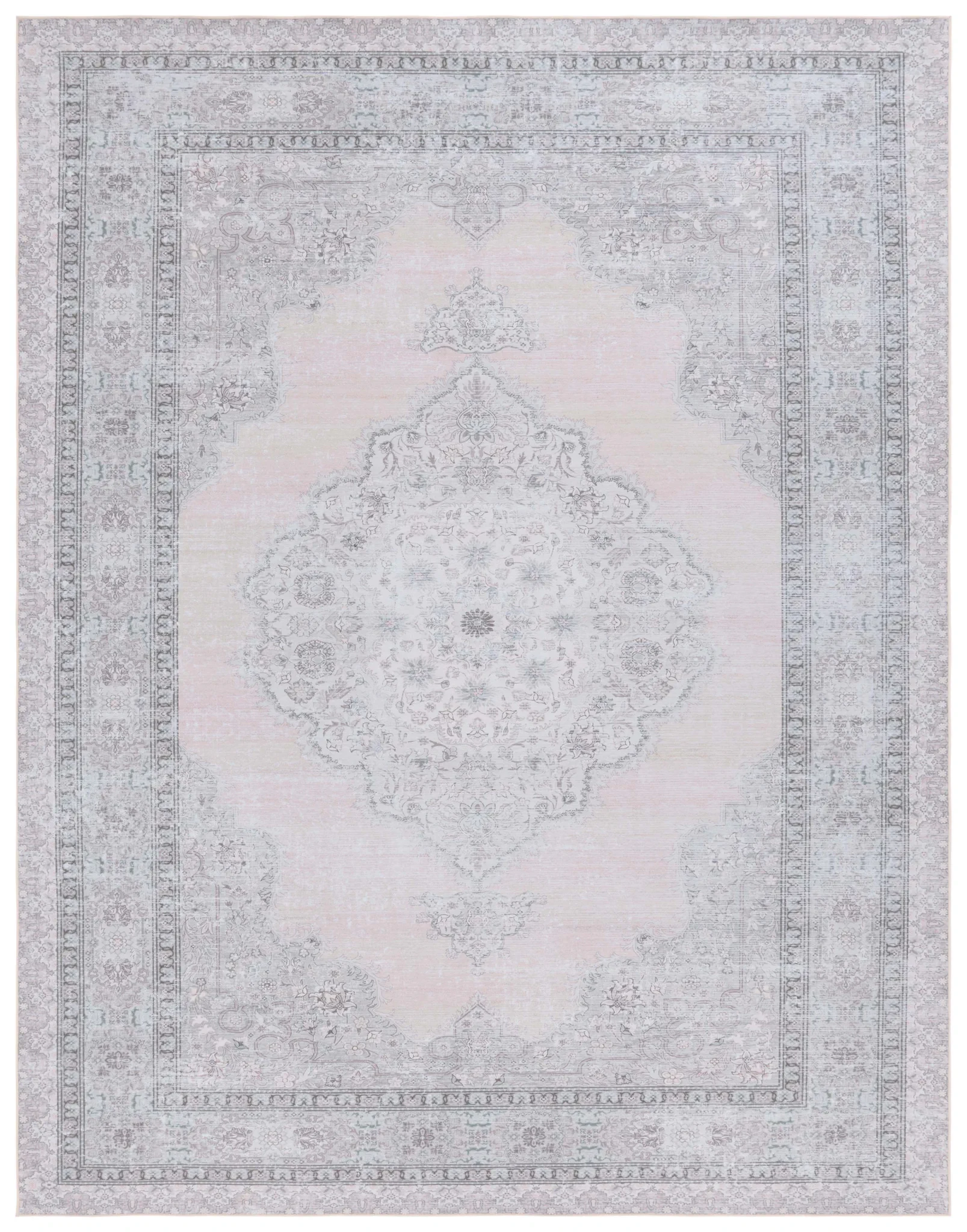 Tucson Open Field Rosette Medallion Washable Rug in Beige / Light Green