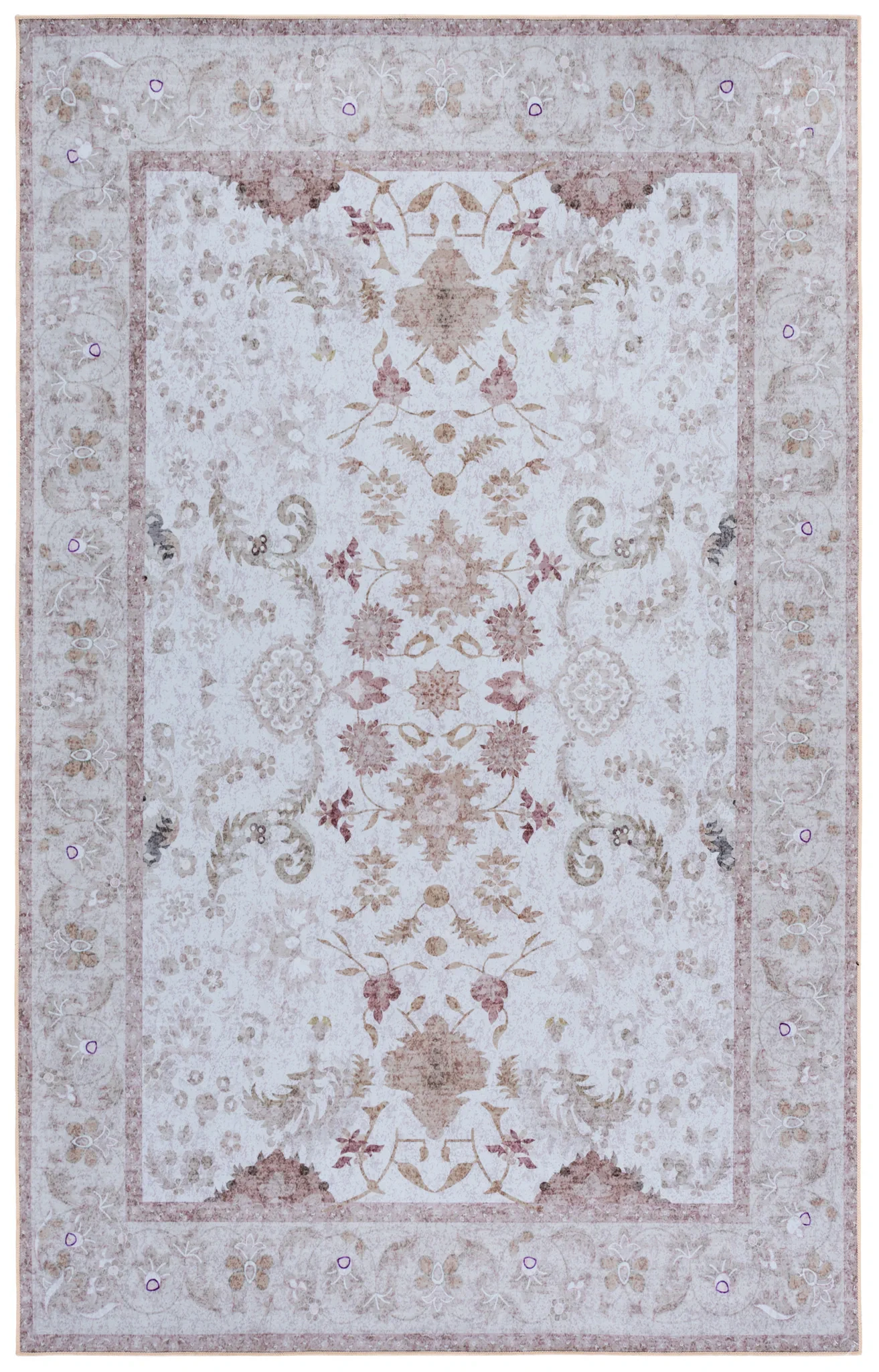 Tucson Vine Floral Bordered Washable Rug in Beige / Light Brown