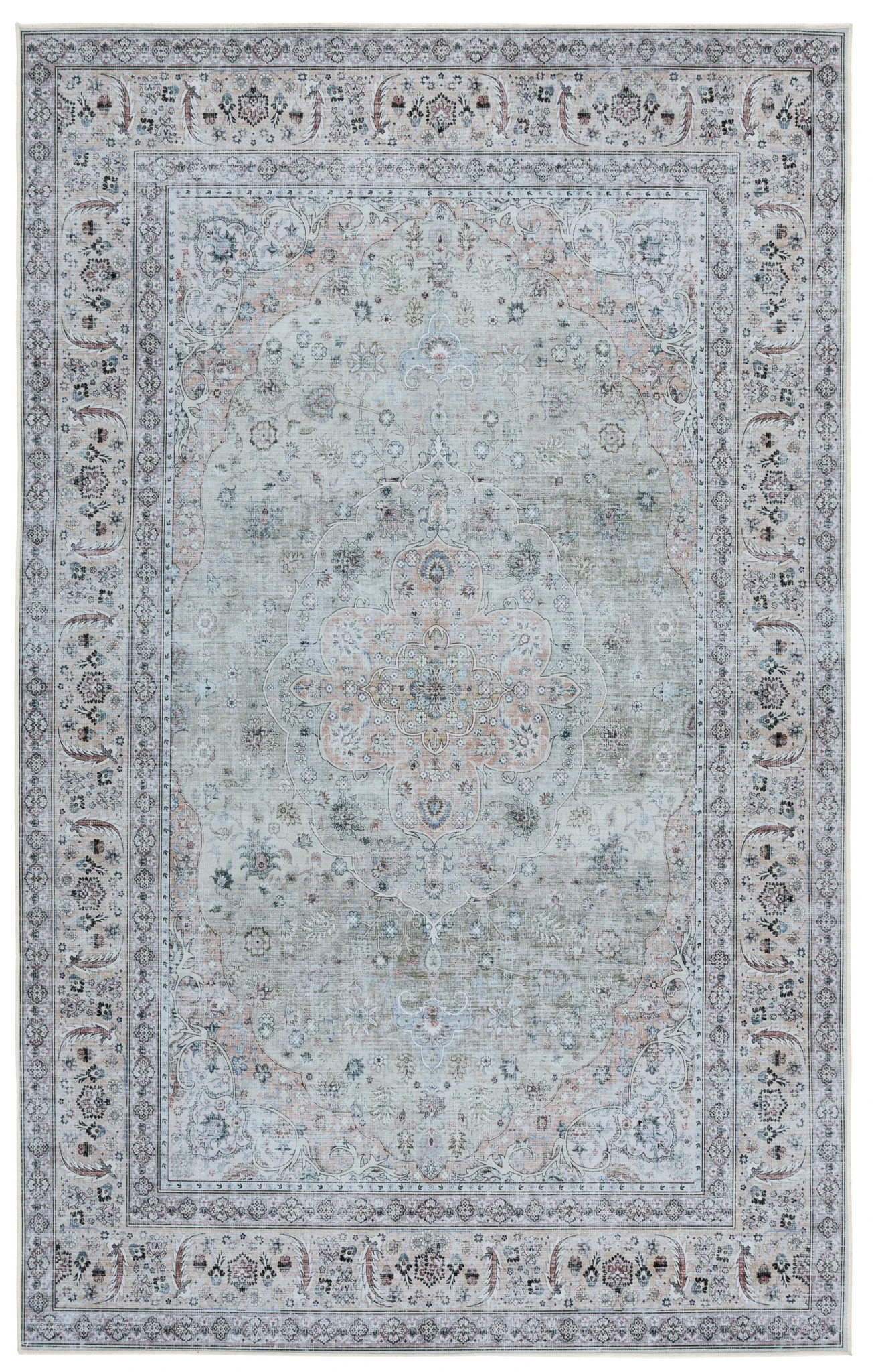 Tucson Vintage Round Floral Medallion Washable Rug in Light Green / Beige