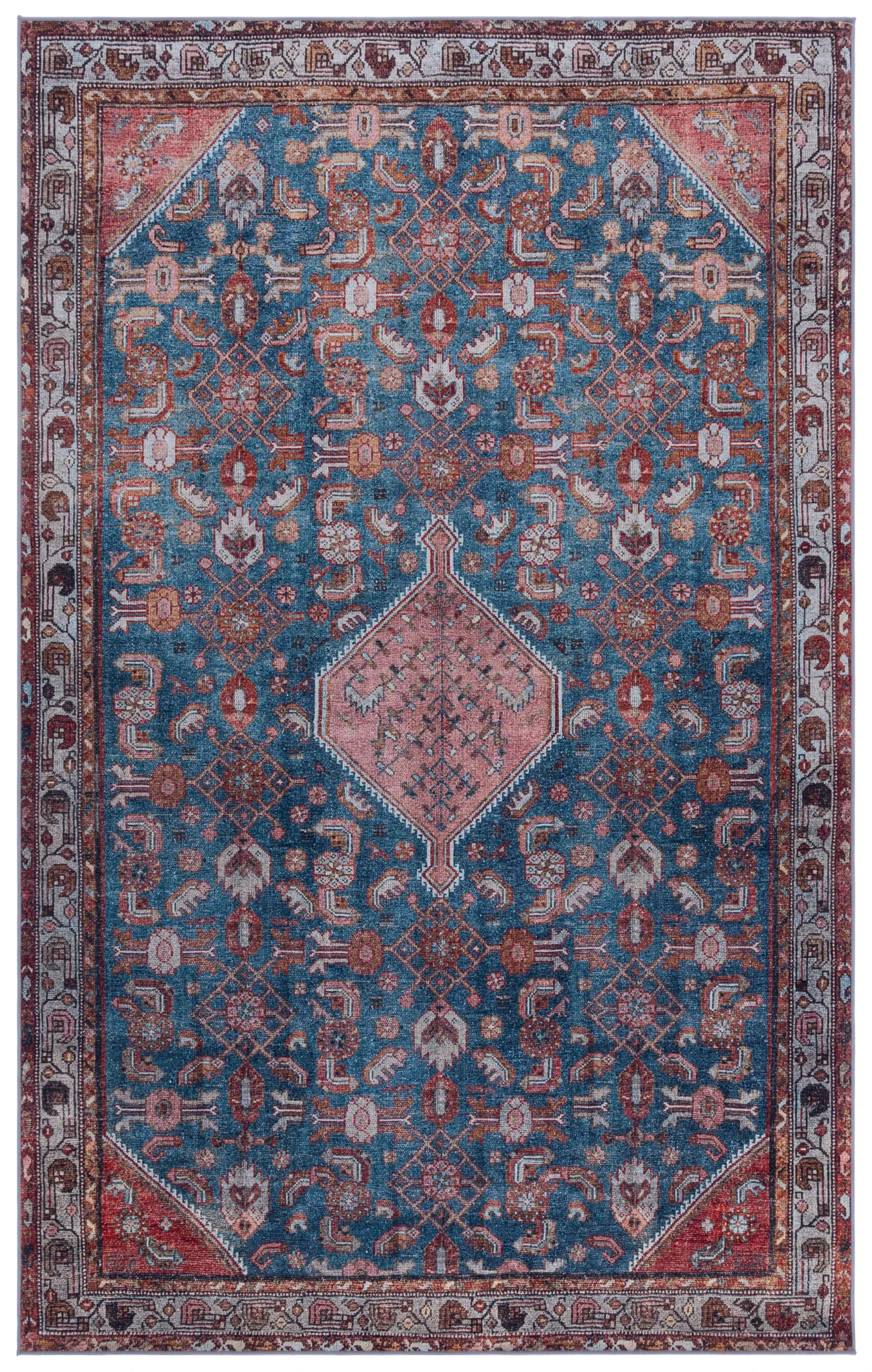 Tucson Tribal Pointed Diamond Medallion Washable Rug in Blue / Rust