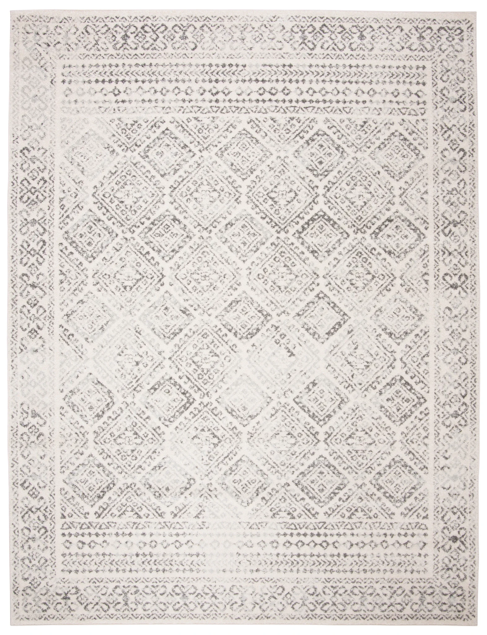 Tulum Bordered Diamond Rug in Ivory / Gray