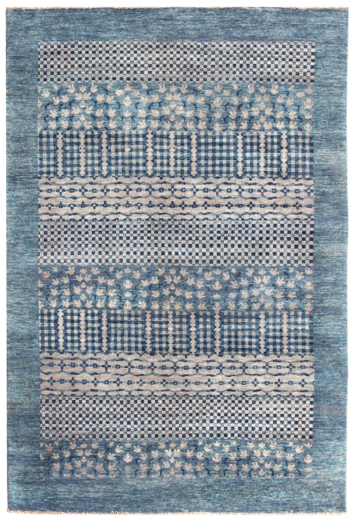Vineyard Banded Checkerboard Wool Rug in Blue
