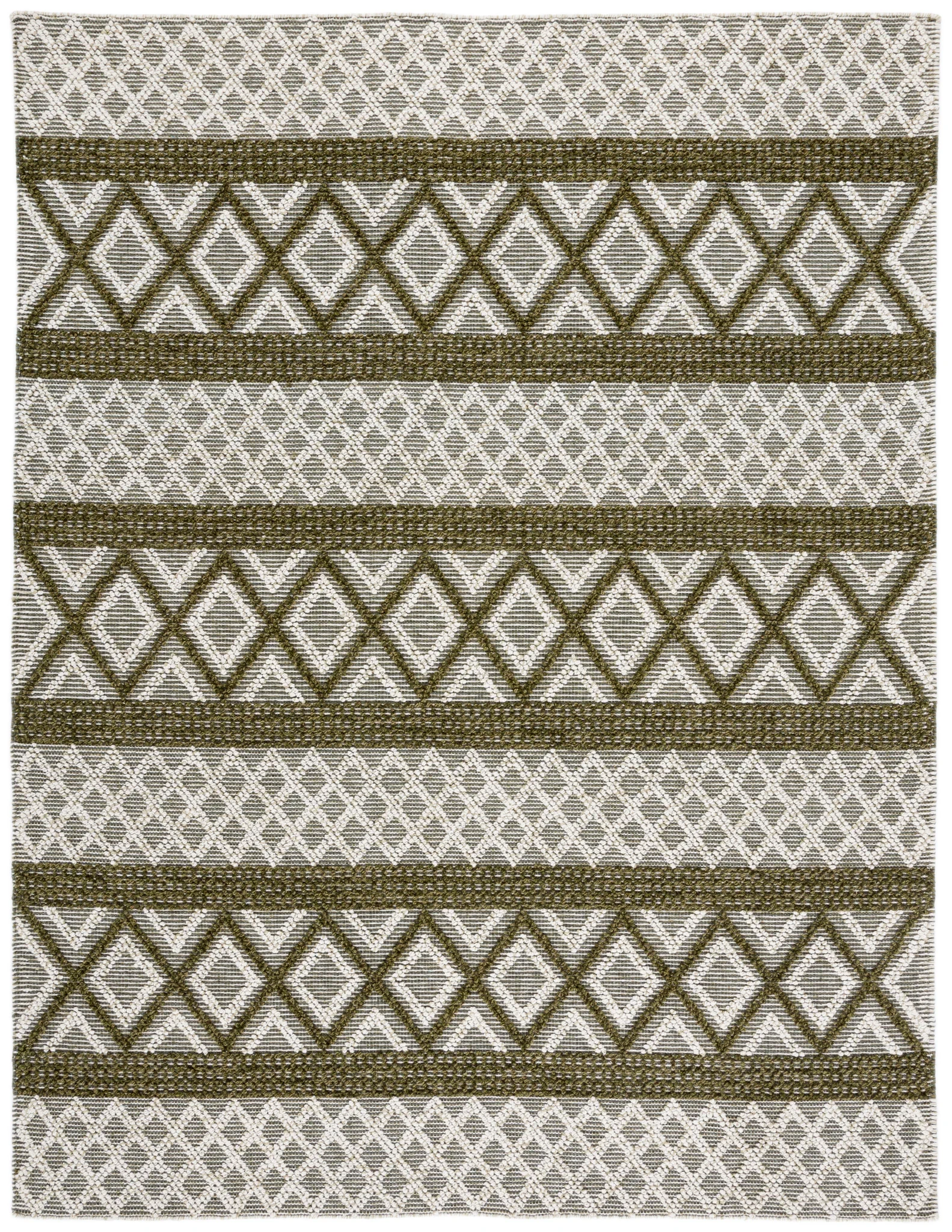 Vermont Banded Diamond Hand-Woven Wool and Cotton Rug in Ivory / Dark Green
