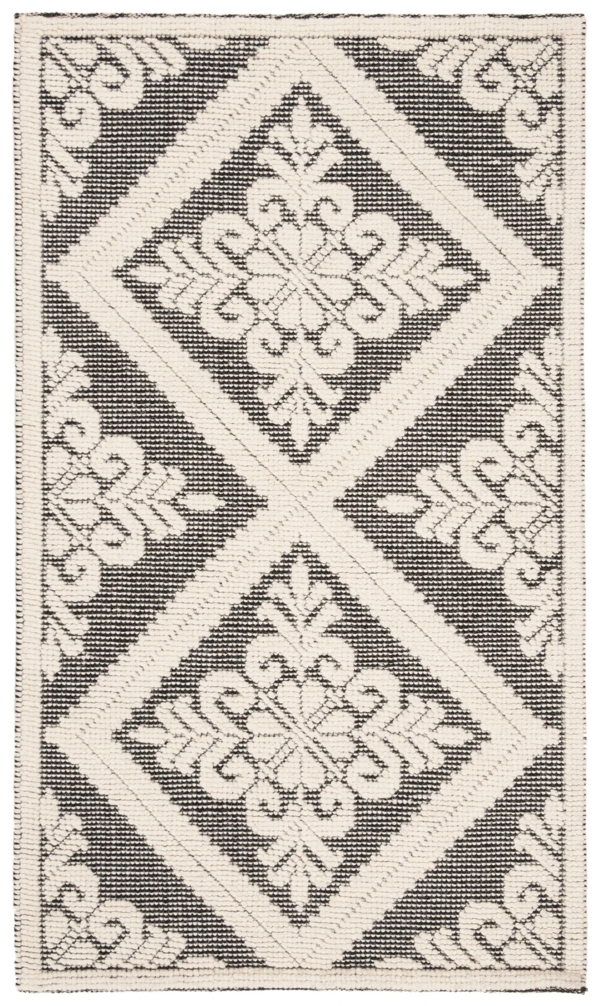 Vermont Floral Diamond Hand-Woven Wool Rug in Ivory / Black