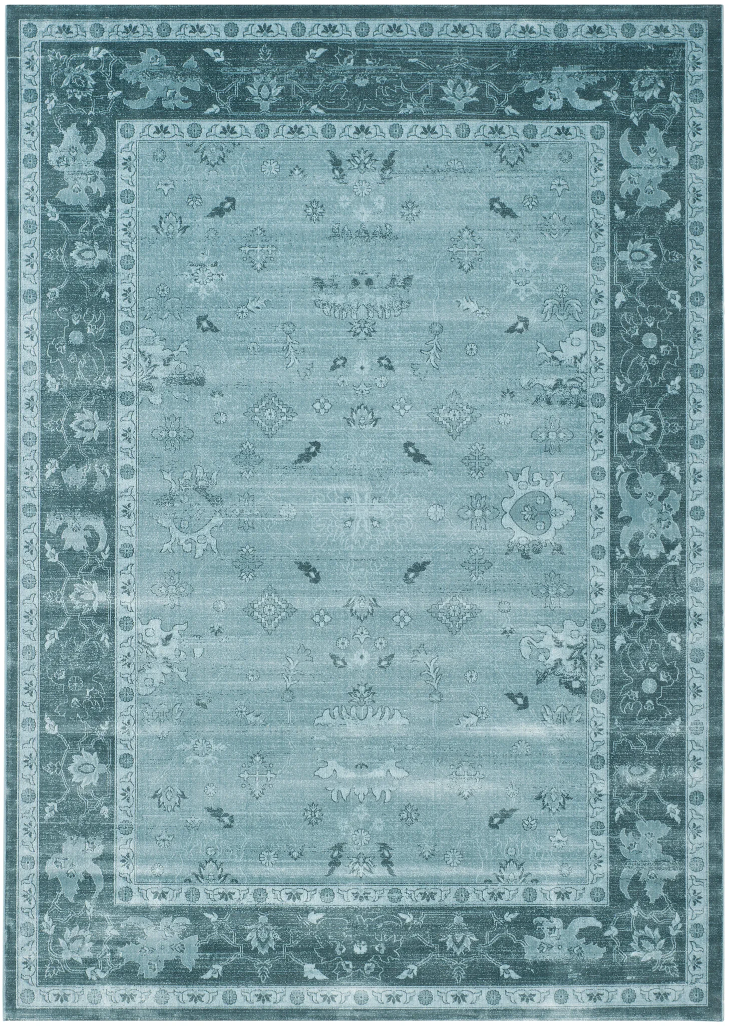 Vintage Traditional Floral Border Viscose Rug in Light Blue / Dark Blue