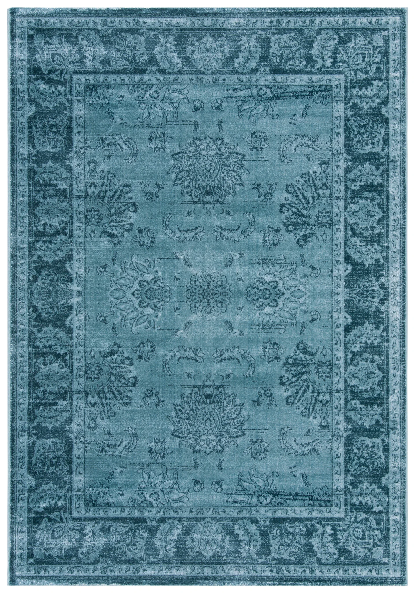 Vintage Floral Bordered Viscose Rug in Light Blue / Dark Blue