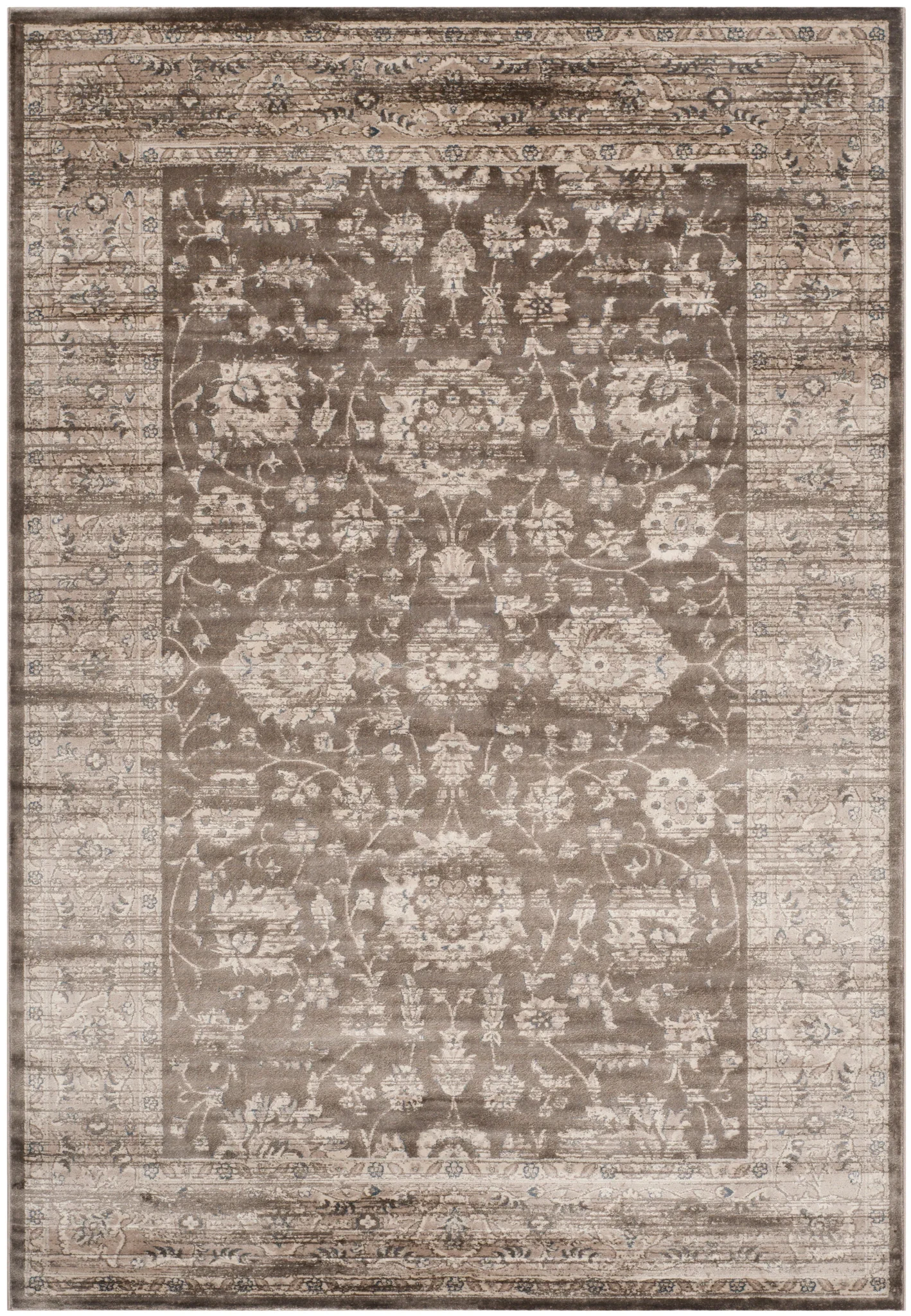 Vintage Distressed Floral Vine Rug in Brown / Ivory