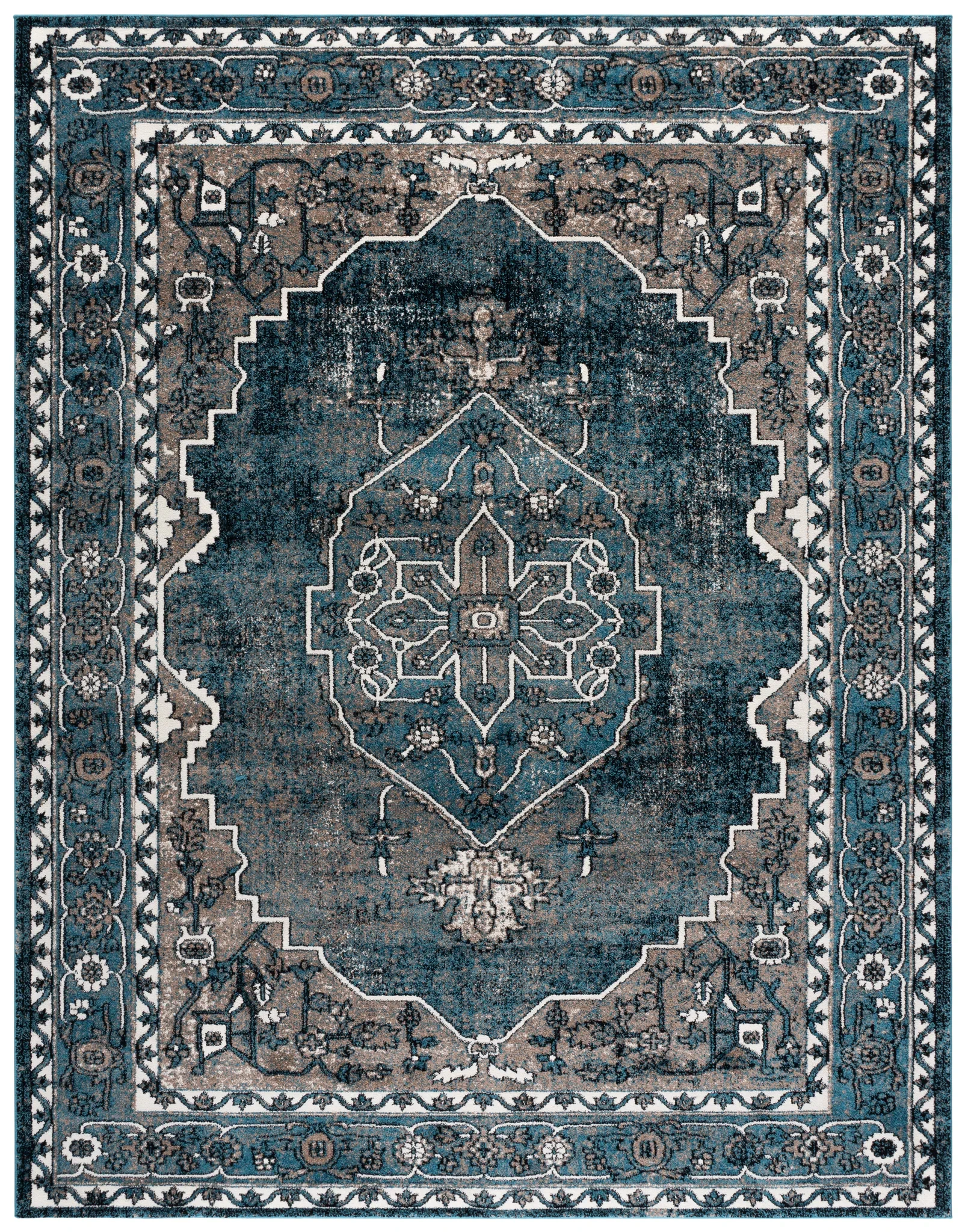 Vintage Hamadan Framed Medallion Rug in Blue / Ivory