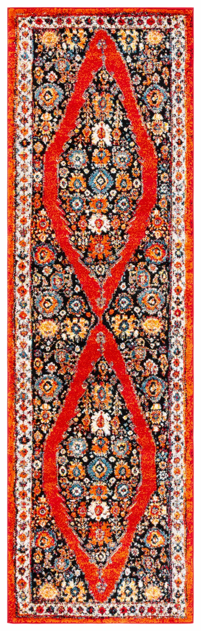Vintage Hamadan Floral Diamond Medallion Rug in Red / Black