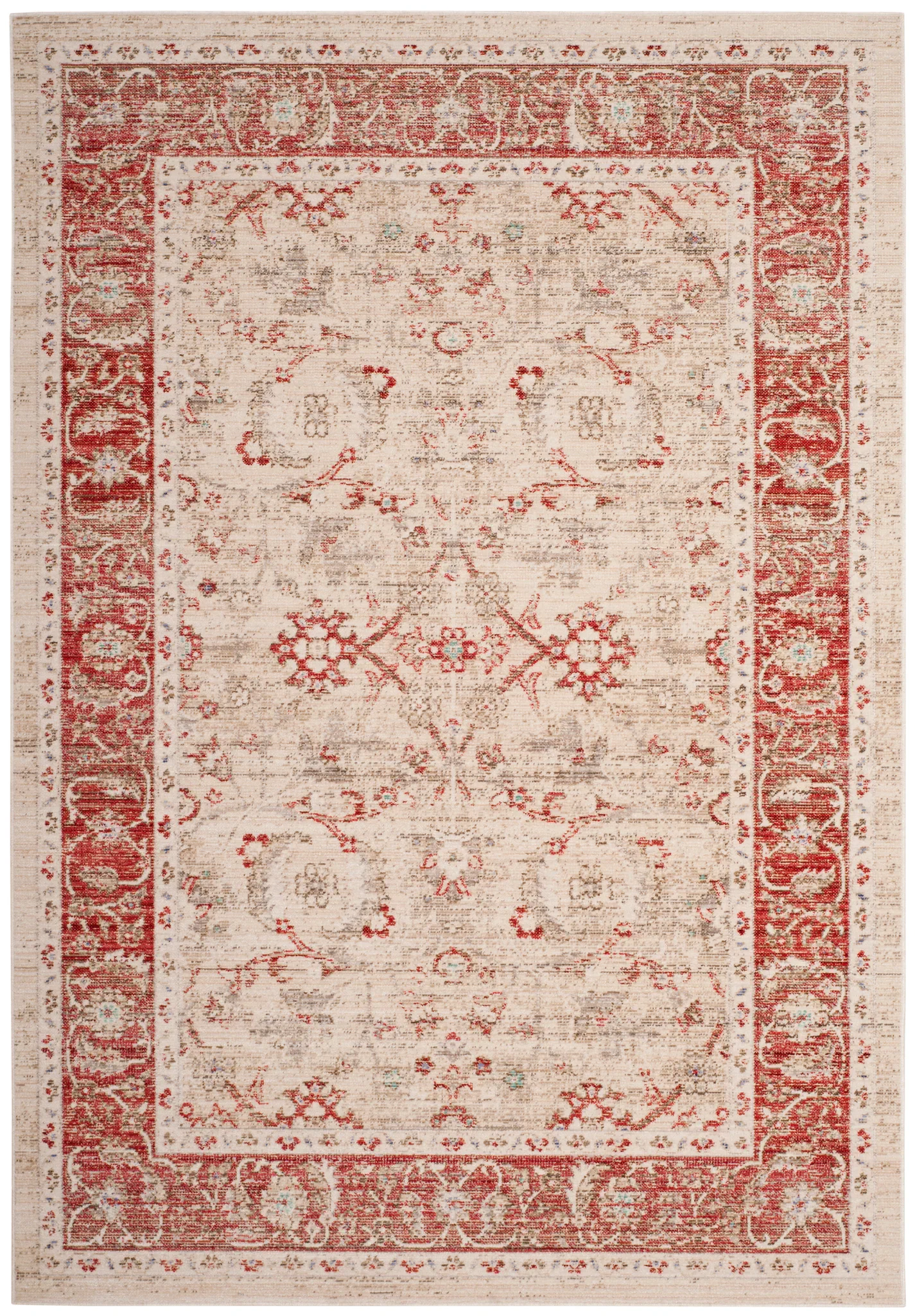 Windsor Floral Bordered Rug in Ivory / Red